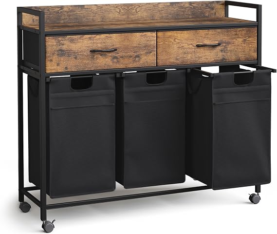 Mondeer Laundry Sorter with 2 Drawers, 150L with Pull-Out Removable Laundry Bags, Laundry Hamper Baskets with 3 Section and Wheels, Rustic Brown and Black
