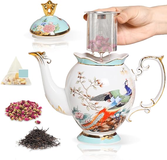 ACMLIFE Tea Pot with Tea Infuser Bone China Teapot with Tea Steeper, Large Porcelain Tea Pot with Infusers for Loose Tea, Vintage Floral Blue Ceramic Teapot, Elegant Tea Pot Set Tea Party & Gift