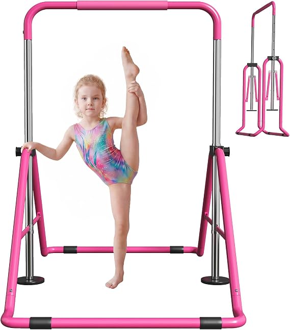 Expandable Gymnastics Bars 35''-51'' PP Foam Grip Kids Ages 3-9 | 250lb weight capacity triangular stable structure foldable quick 10min assembly non-slip feet