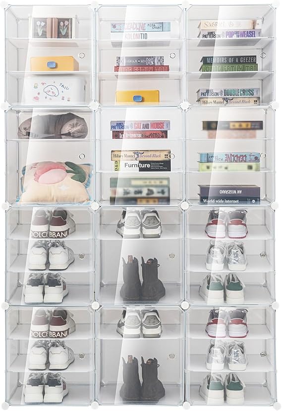 Clear Shoe Rack Organizer, 72 Pairs DIY Shoe Storage Cabinets Stand, 12-Tiers Stackable Shoe Storage Cabinet Stand, Transparent Plastic Storage Boxes for Heels, Boots, Slippers (72 Pairs)