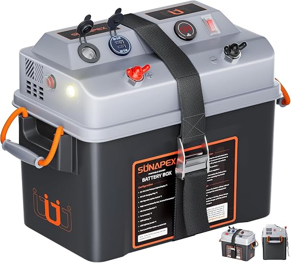SUNAPEX Trolling Motor Smart Battery Box 12V/24V Marine Power Center | 16A Overload Switch | Dual USB 5V 2.1A | Digital Voltmeter | Built-In Light | Fits Group 24/27/31 Batteries