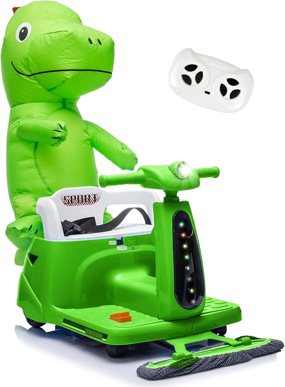 12V Kids Ride on Car with Cleaning Fun, Kids Electric Vehicle w/Remote Control,Dinosaur Inflatable Doll, Bluetooth&USB,360 Spin, with Mop, Ride on Toy for Toddlers Ages 2-5(Green)