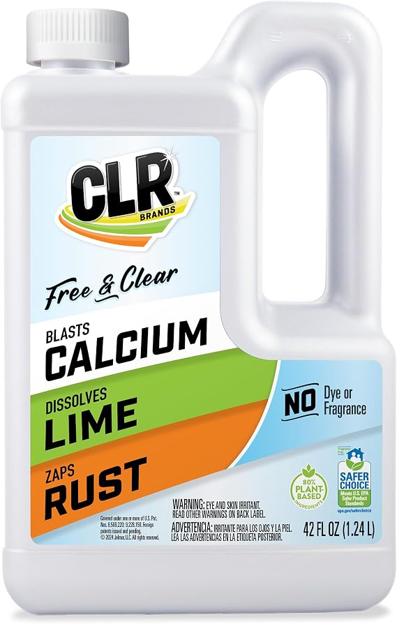 CLR Brands Calcium, Lime & Rust Remover Free & Clear, 42 oz. Bottle | Gentle Lime and Bathroom Descaler, Removes Hard Water Stains and Rust Deposits