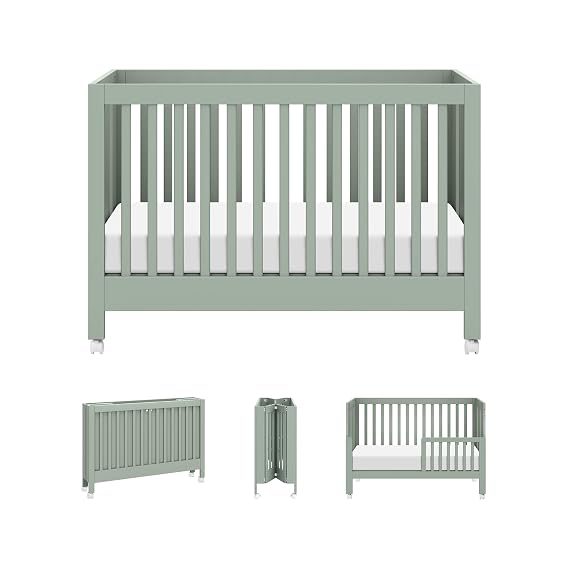 Babyletto Maki Full-Size 2-in-1 Portable Folding Crib with Toddler Bed Conversion Kit in Light Sage, Greenguard Gold Certified