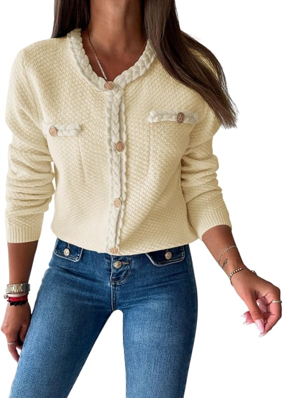 Saodimallsu Womens Button Up Cardigan Long Sleeve Open Front Cable Knit Fall Trendy Sweater Jacket with Pockets