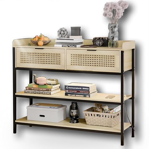 Rattan Console Table Boho Entryway Table Narrow Long Sofa Table Hallway Foyer Table Behind Couch Table with 2 Drawers and Sockets Storage Shelf LED Lights for Living Room and Corridor (WOOD)