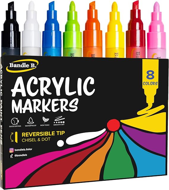 Bandle B. Acrylic Paint Markers Set of 8 Paint Pens for Art, Fabric, Coloring, and JournalingQuick-Drying, Waterproof, Non-Toxic, Reversible Chisel-Dot Tip