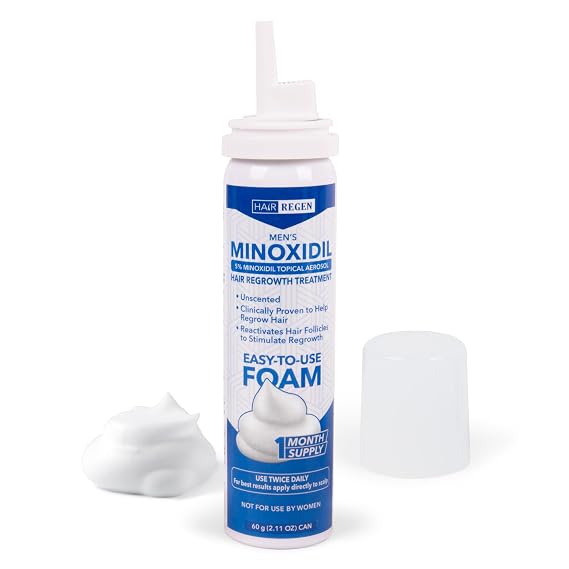 Hair Regen Minoxidil Foam for Men 5% Percent - Men's Hair Growth Treatment | Topical Foaming Minoxidil for Men- Great for Hair Regrowth and Reduce Hair Loss - 1 Pack as 1 Month Supply