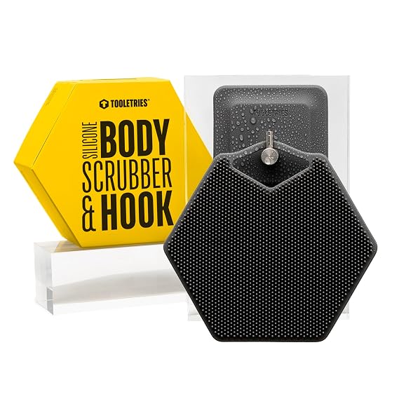 TOOLETRIES Silicone Body Scrubber, Shower Scrubber with Hook - Charcoal | Exfoliating shower scrubber for sensitive skin that dries quickly and stays hygienic for everyday use.