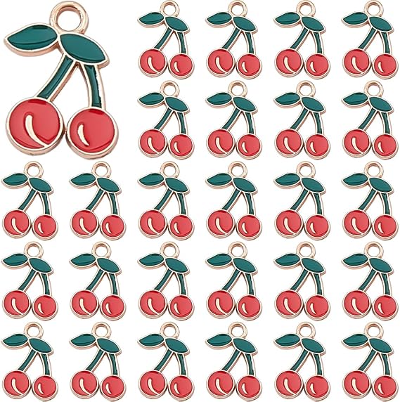 DICOSMETIC 70Pcs Cherry Charm Bulk Alloy Enamel Fruit Charms Red Sweet Food Charm Cute Metal Mini Pendants Small Light Gold Cherry Charms for Earrings Bracelets Jewelry Making
