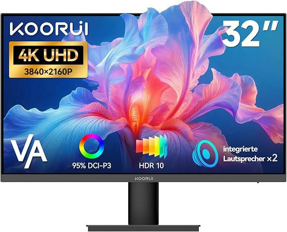 KOORUI 32 Inch 4K Monitor UHD 3840 x 2160 60Hz VA Panel Speaker Adaptive Sync HDR10 95% DCI-P3 Low Blue Light Eye Care HDMI 2.0/DP 1.4 VESA 100 x 100 mm Home Office Gaming Monitor