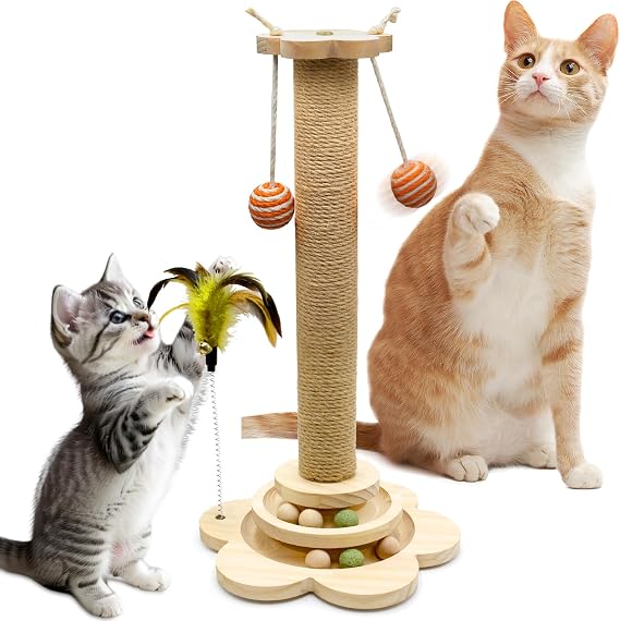 Multifunctional Cat Scratching Post with Interactive Toys, Cat Scratcher with Natural Sisal, Solid Wood Base, Anti-Tip Design for Indoor Cats, Kittens & Large Cats