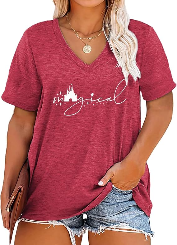 Plus Size Magical Shirts Women Magic Castle V Neck T Shirts Short Sleeve Tshirts Summer Tops