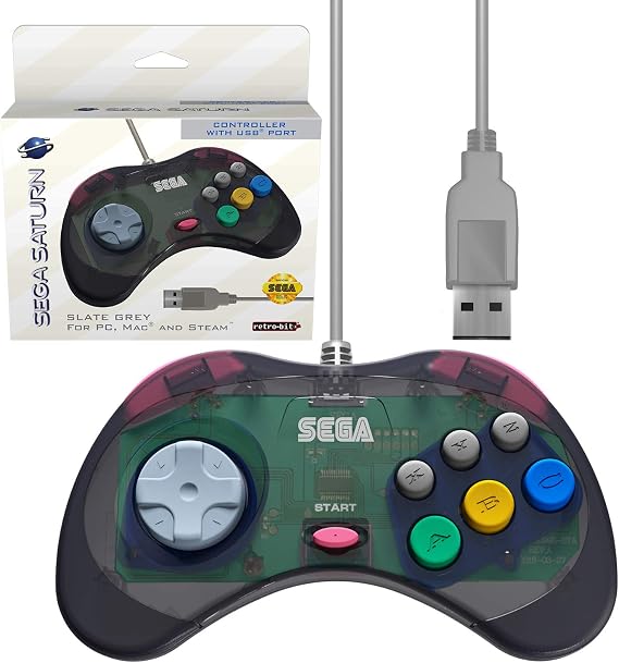 Retro-Bit Official Sega Saturn USB Controller Pad (Model 1) (Old Version) for Sega Genesis Mini, PC, Mac, Steam, RetroPie, Raspberry Pi - USB Port - (Slate Grey)