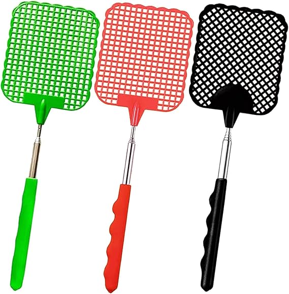 Fly Swatter,3 Pack Extendable Swat,Strong Fly Swat with Stainless Steel Telescopic Handle Fly Killers,Fly Squatter for Indoor Outdoor Black Flies