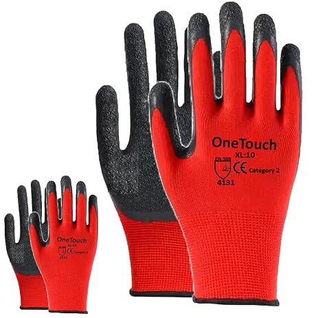 A406 24 Pairs Red Work Gloves Latex coated Crinkled finish Safety Gloves Non Slip Gloves Rubber Gloves for Builder construction gardening Heavy Duty for Construction, Warehouse (Large-9)