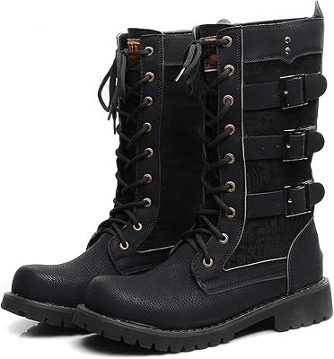 Men Motorcycle High Top Long Boots Microfiber Leather with Side Buckle Lace Up Keep Warm Military Tactical Combat Outdoors Round Toe Black Backpacking Shoes Strong Outsole Wear-Resistant Footwears