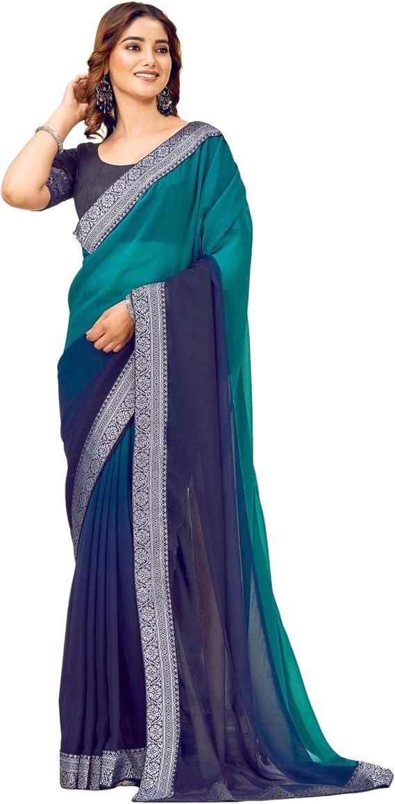 SIRIL Women's Lace & Foil Printed Georgette Saree with Unstitched Blouse Piece