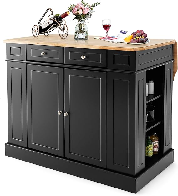 GiantexUK Kitchen Island, Extendable Kitchen Cabinet Sideboard with Rubber Wood Countertop, 2-Door Cabinet, Drawers, Adjustable Shelves & Side Racks, Storage Cupboard for Dining Living Room (Black)
