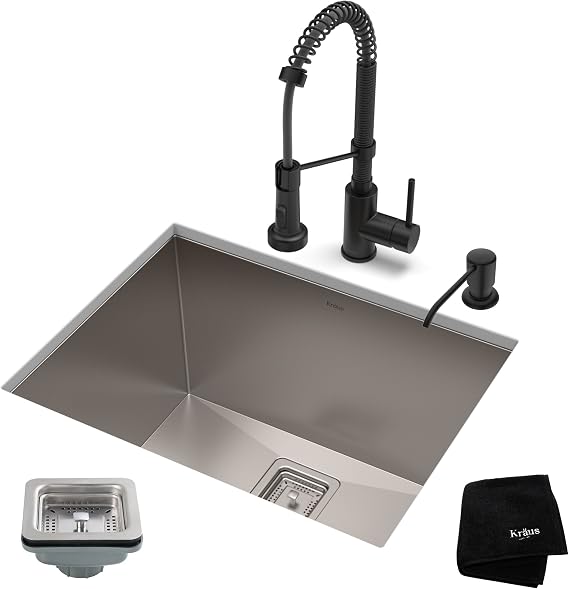 KRAUS 24-inch 18 Gauge Pax Laundry and Utility Sink Combo Set with Matte Black Bolden 18-inch Kitchen Faucet and Soap Dispenser, KHU24L-1610-53MB