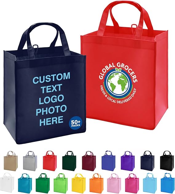 Custom Tote Bags 100/200/500 Pack Bulk, Personalized Reusable Shopping Bags with Logo Text, Customizable Grocery Bags for Promotional Items, Business Travel Branding Activities Mall Fair