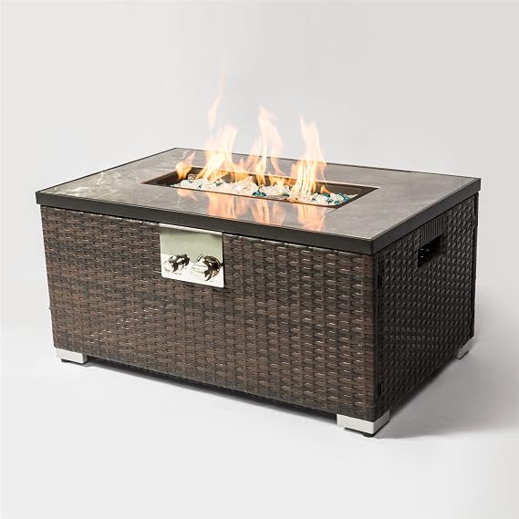 Outdoor Rattan Wicker Fire Pit Column, Propane Fire Column for Decor 50,000BTU Gas Fire Pit Table with Ceramic Tile Tabletop Garden Corner Table