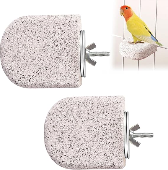 2Pcs Bird Grinding Stone Perch Set, Natural Pumice Budgie Toys | Lava Ledges for Nail and Beak Care, Easy-Attach Cage Perches for Cockatiels, Conures and Other Small Birds, Light Grey
