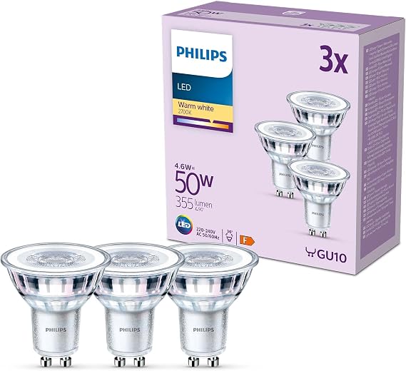 PHILIPS LED Classic Spot Light Bulb 3 Pack [Warm White 2700K - GU10] 50W, Non Dimmable. for Home Indoor Lighting, Value Range [Energy Class F]