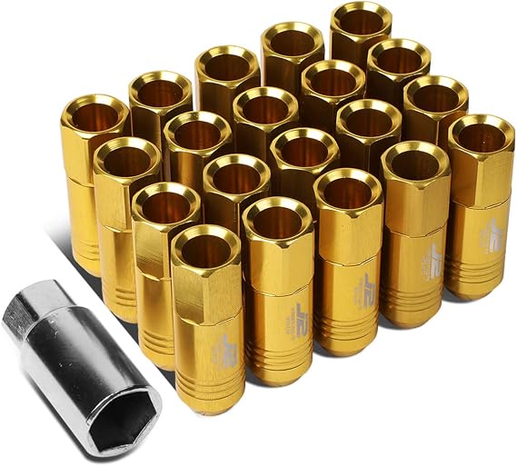 J2 Engineering 20 Pcs 7075 Aluminum Tall Open End M12 x 1.5 Lug Nuts Set w/Socket Adapter, Golden, Fit Conical Seat, LN-T7-009-15-GD