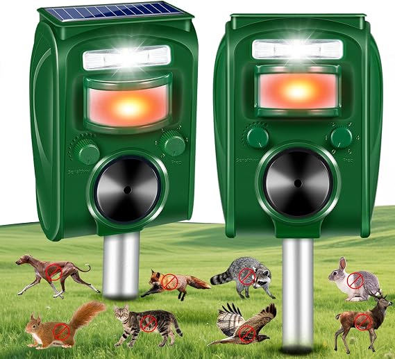 2 Pack 2026 Solar Ultrasonic Animal Repellent Cat Deterrent Outdoor Deer Repellent Devices Motion Detection,Waterproof Animal Repeller Flash Light for Squirrel Skunk Racoon Rabbit Rodent Dog