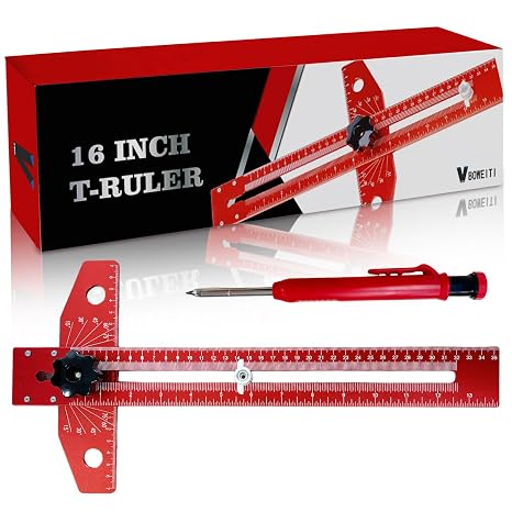 Woodworking Scriber Marking Line Ruler T Type Woodworking Ruler 16 inch Layout and Measuring Tools Precision Marking T-Ruler Positioning Scribing(Red)