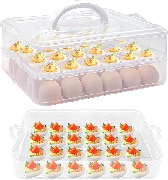 2-Layer Egg Holder for 48 Eggs,Plastic Egg Container with Handle,Deviled Egg Tray with Handle Lid,Devil Egg Holder for Refrigerator,Kitchen,Easter Day Party Containers