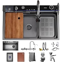 Waterfall Kitchen Sink, 85 x 50 cm, 1 Basin, Stainless Steel Sink, Black, Anthracite, Kitchen Sink, Large Sink with Tap, 4-Way Fitting, Overflow, Siphon, Drain Set, Chopping Board