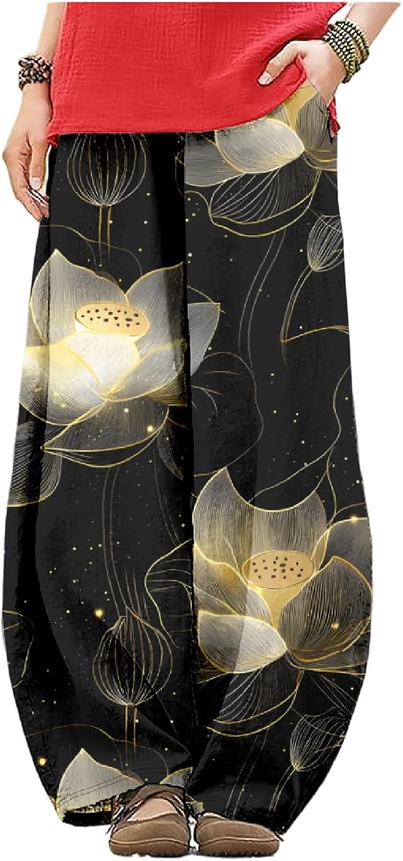 Floral Pants for Women Wide Leg Pants Low Rise Slacks Lantern Trousers Elastic Waist Baggy Trousers with Pockets