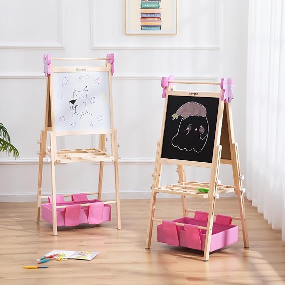 Kids Art Easel with Storage Drawer & Paper Roll Adjustable Wooden Double Sided Magnetic Easel for Kids Chalkboard Whiteboard Toddler Easel for Boys Girls Ages 3+