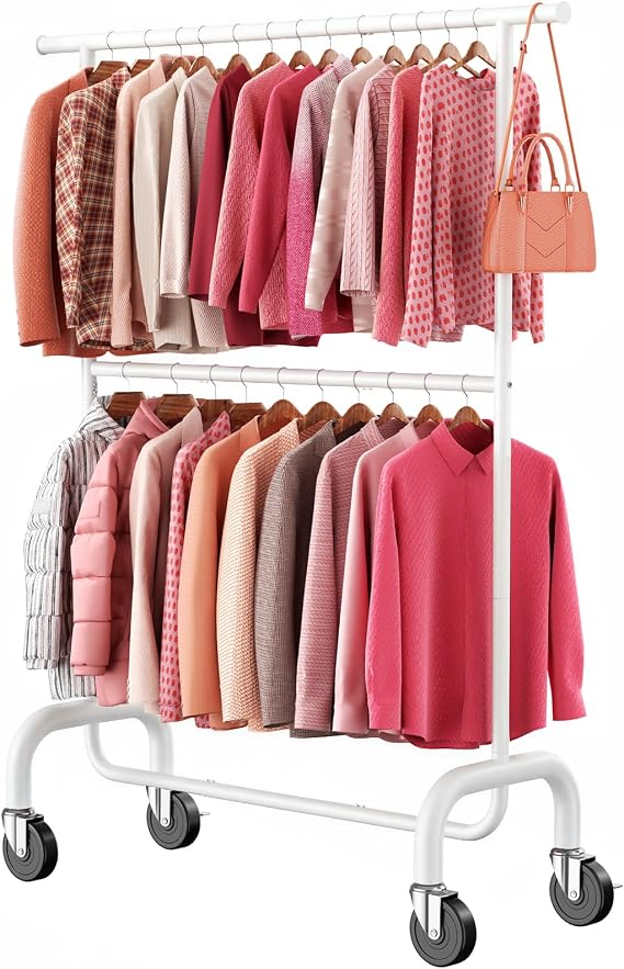 Heavy Duty Clothes Rack, 78.35" Rolling Clothing Rack for Hanging Clothes with Lockable Wheels, 6-Level Adjustable Double Rod Garment Rack for Bedroom, Laundry, Clothing Store, White