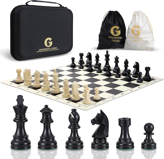 Chess Set - 20" Silicone Chessboard Set, 3.85" King Height Weighted Pieces with 2 Extra Queens, Foldable Chessboard, Portable Travel Tournament Chess with Carry Bag