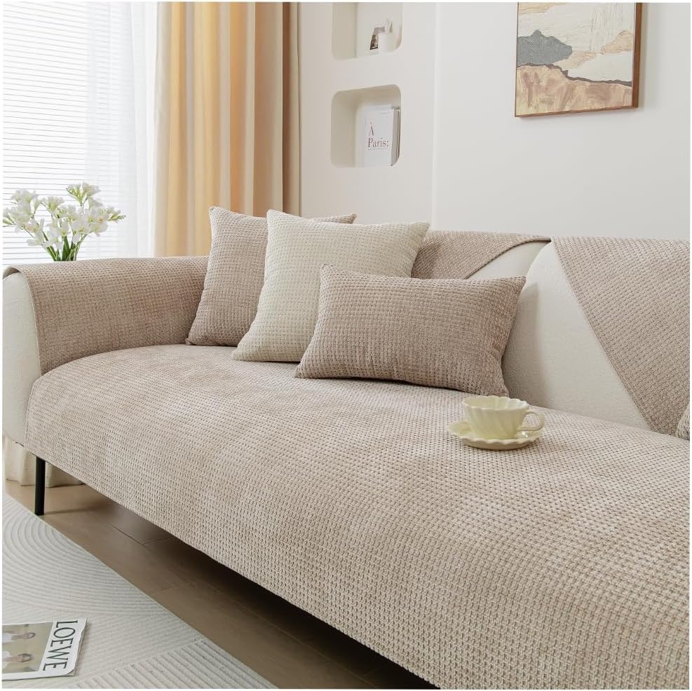 NUODWELL Soft Chenille Sofa Cover 1/2/3/4 Seater, Universal Non-Slip L Shape Couch Cover, Thick Sofa Protector Quilted Corner Slipcovers Washable for Living Room (Coffee-B, 90 * 180cm)