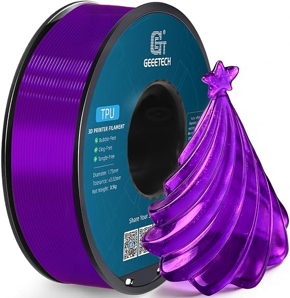 Geeetech TPU Filament 1.75mm, Shore 95A Flexible 3D Printer Filament with High Elasticity, 1KG (2.2lbs) Spool, Dimensional Accuracy 0.03mm, Fits Most FDM Printers (Clear Purple)