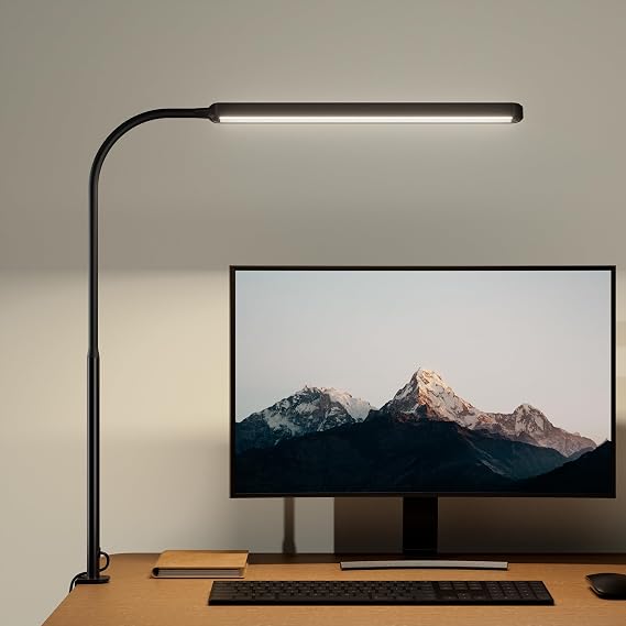 SUPERDANNY Eye-Caring LED Desk Lamp Work Lamp Office Lamp with Side Clamp | Black, Touch Control, 360 Flexible Gooseneck, 3 Modes Smooth Dimming, Memory Function, Adapter, Metal, for Home Office Dorm