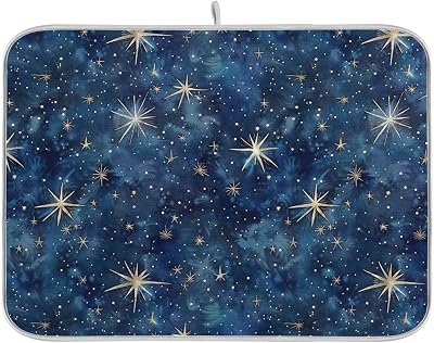 Glitter Stars on Night Blue Drying Dish Mat Absorbent Dish Drying Mat Cloth Quickly Dry Kitchen Dish Drainer Mat Counter Top Accessories Medium 16 x 18