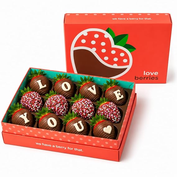 Chocolate Covered Strawberries Gift Box 12 Count Gourmet Strawberries with LOVE YOU Message Romantic Gift for Valentines Day, Anniversaries & Thinking of You