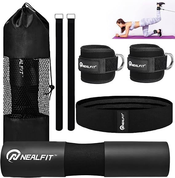NEALFIT Barbell Pad Set for Squats, Lunges and Hip Thrusts, Neck & Shoulder Protective Pad, Standard Olympic Bars with 2 Gym Ankle Straps, Hip Resistance Band, Barbell Pad, Carry Bag