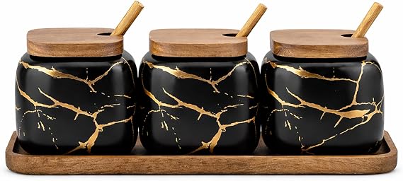 Ceramic Spice Jars Porcelain Condiment Jars Set Marble Ceramic Seasoning Box 3pcs Condiment Pots for salt, sugar, pepper Kitchen Ceramic Seasoning Condiment Jar Set Black