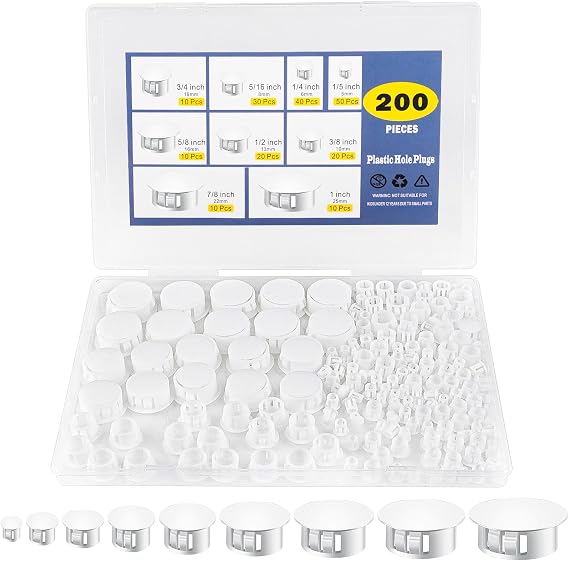 200Pcs White Nylon Hole Plug Set 9 Sizes: 1, 78, 34, 58, 12, 38, 516, 14, 15 - Plastic Hole Plugs, Assorted Sizes, Precision Fit End Caps for Cabinets & Furniture, Screw Hole Plugs