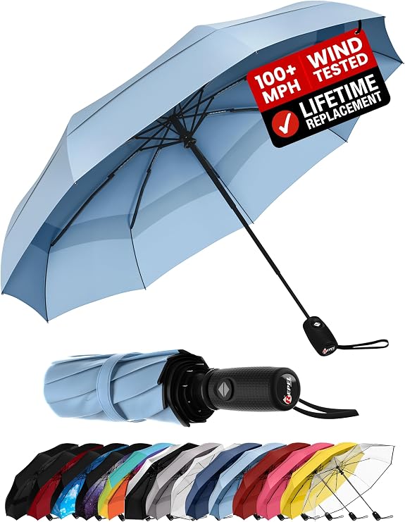 Windproof Travel Umbrella - Compact & Withstands Winds up to 100MPH, Strongest Premium Auto Folding Umbrella for Rain and Sun - Durable, Light & Portable for Women & Men, Fits Backpack & Cars