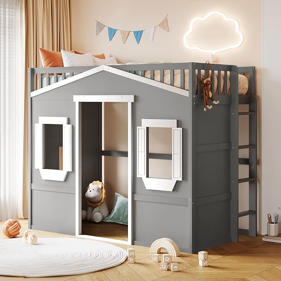 MERITLINE Twin Size House Loft Bed for Kids, Wood High Loft Bed Frame with Side Ladder, 51.6" Under-bed Space can be Storage or Play for Girls, Boys, Teen (Grey+White Frame)