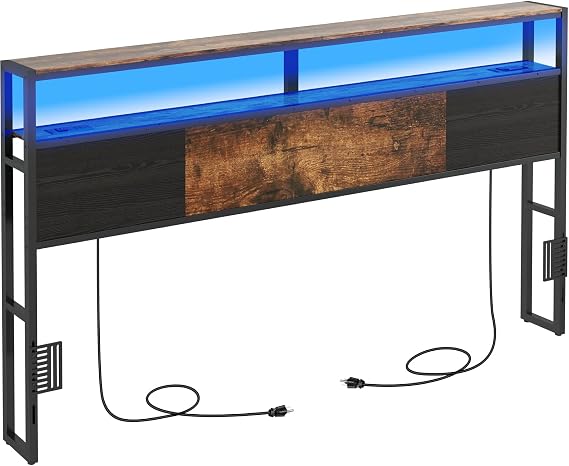 Livofloral King Size Headboard, Headboards with Charging Station, USB Port and LED Light, Headboard with 2 Tier Storage Shelf, Adjustable Height, Easy to Assemble, Sturdy and