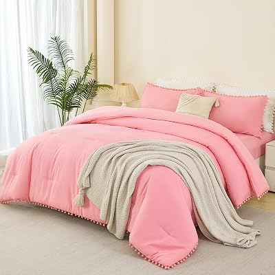PERFEMET Full Size Bed in A Bag Coral Pink 5 Pieces Pom Pom Comforter Set with Sheets for Girls Kids Teens Soft All Season Fluffy Boho Bedding Set for BedroomCoral Pink, Full