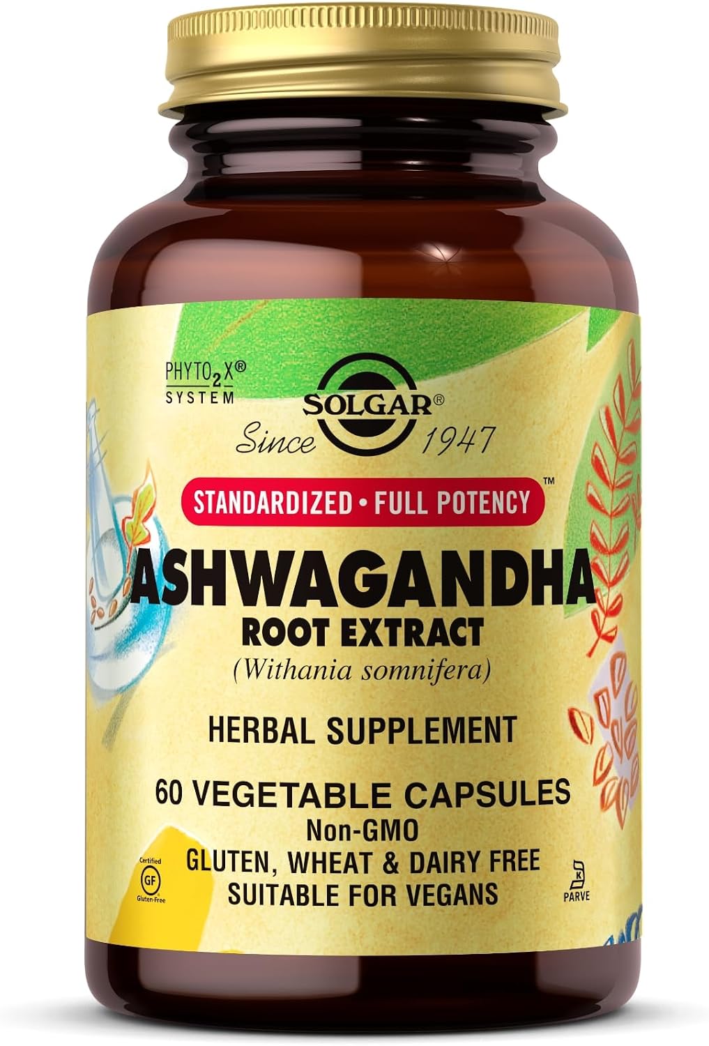 SOLGAR Ashwagandha Root Extract - 60 Vegetable Capsules - Standardized Full Potency SFP - Non-GMO, Vegan, Gluten & Dairy Free, Kosher - 60 Servings